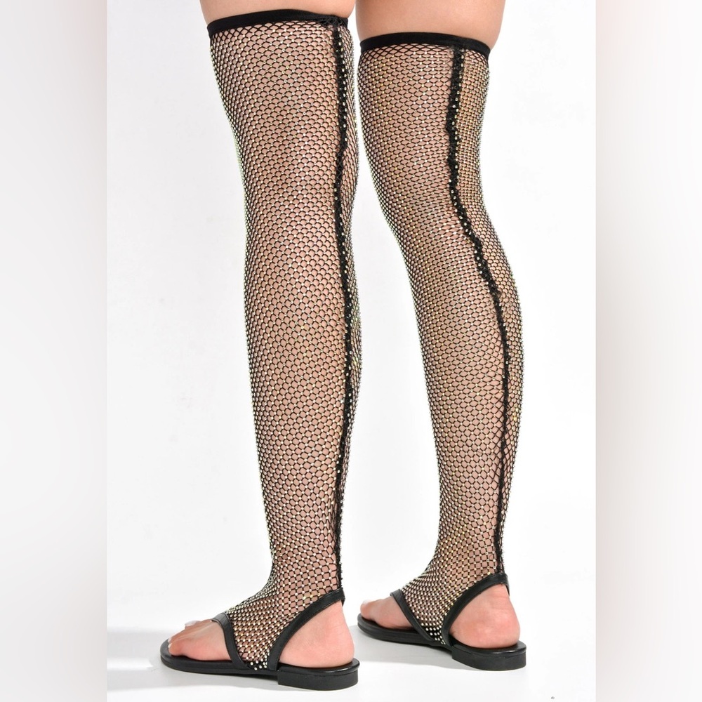 Cape Robbin Hude Rhinestone Mesh Thigh High Flat Sandals - Black NWT - Picture 5 of 10